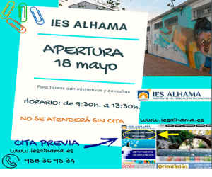 El instituto de Alhama abre desde el lunes 18 de mayo para cuestiones administrativas