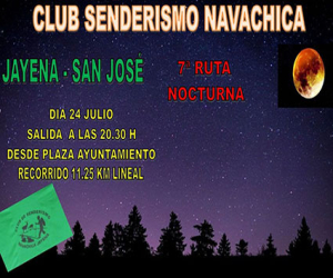 El próximo sábado 24 de julio, tendrá lugar la séptima ruta nocturna Villa de Jayena, organizada por el club de senderismo Navachica con un recorrido de 11,25 kilómetros