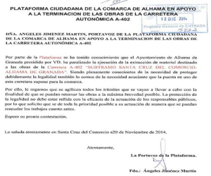 La Plataforma por la carretera A-402 presenta un escrito en el Ayuntamiento de Alhama