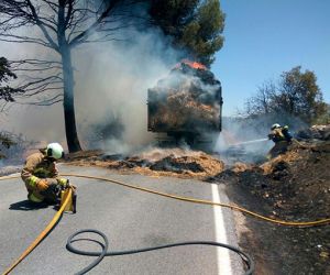 Arde un camión de paja en plena carreta y el fuego se extiende al arbolado colindante
