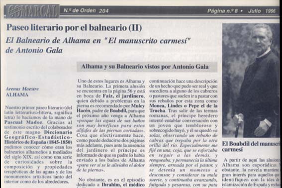 Página de Alhama Comarcal de julio de 1996, cuando recogía la noticia sobre Antonio Gala y Alhama